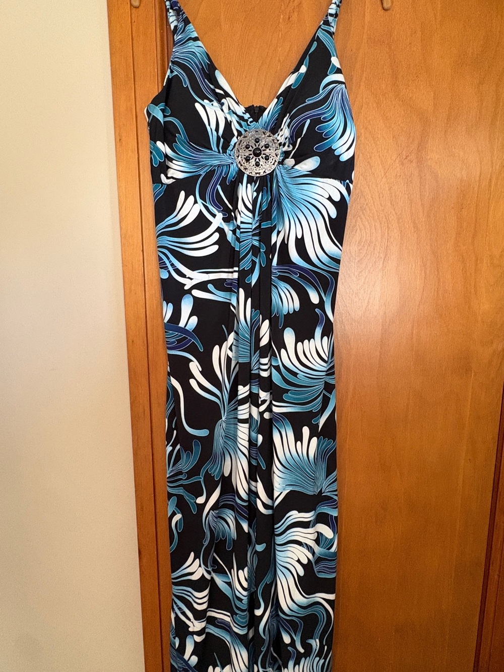 K Jordan Black, Blue & White Floral Maxi Dress with Decorative Medallion Accent